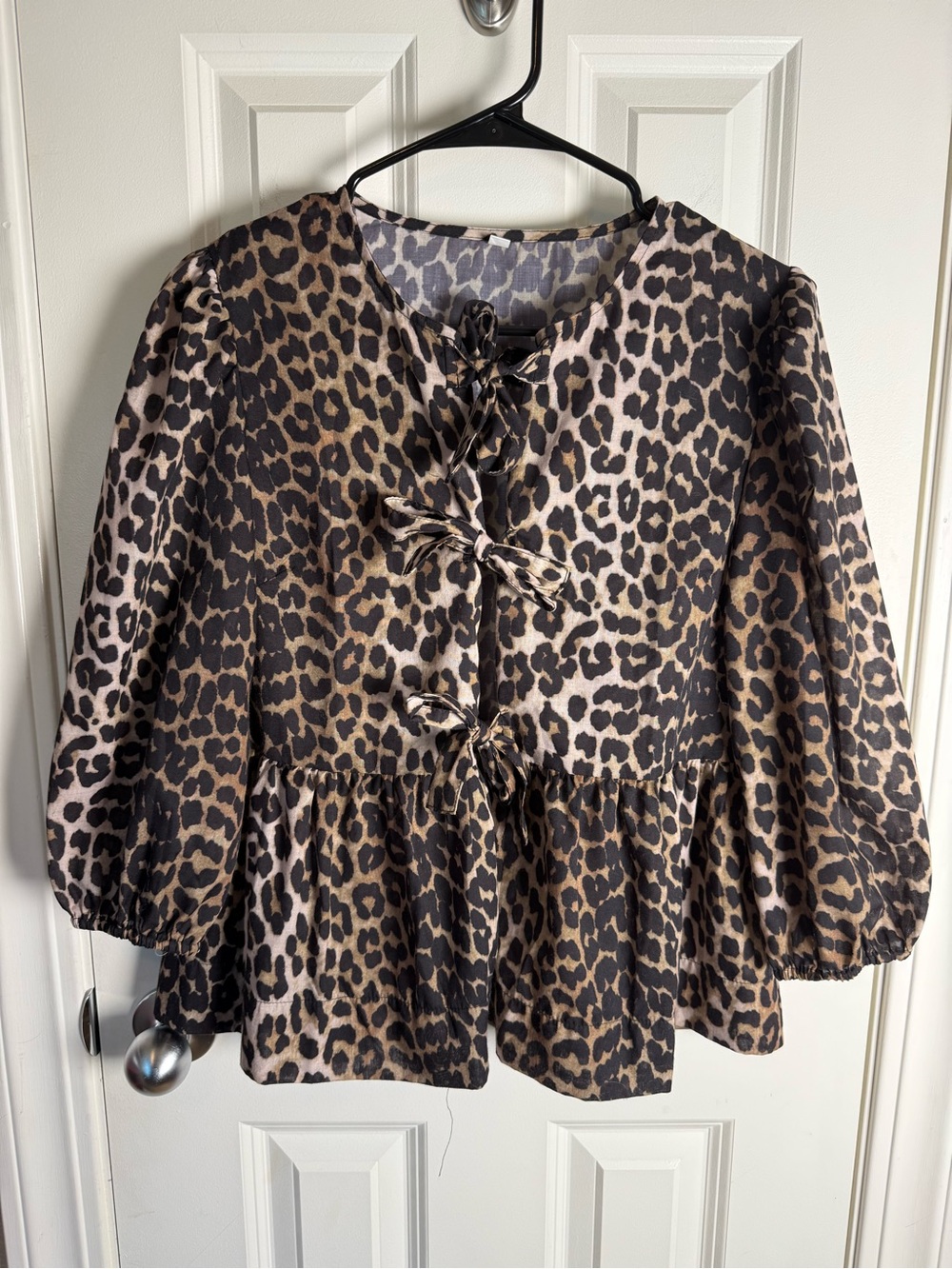 Leopard Print Tie-Front Peplum Blouse - Brown/Black